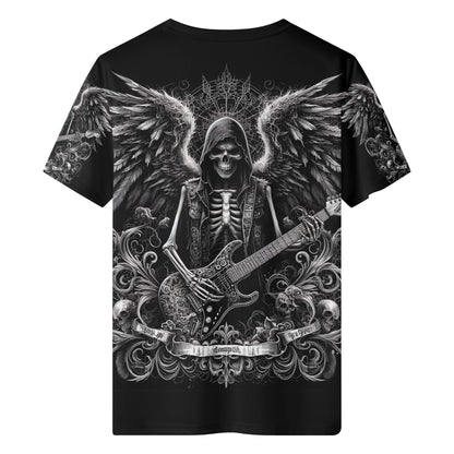 Black Loud and Lethal Ghoulish Guitarist 100 Cotton T-Shirt with skeleton angel graphic playing guitar