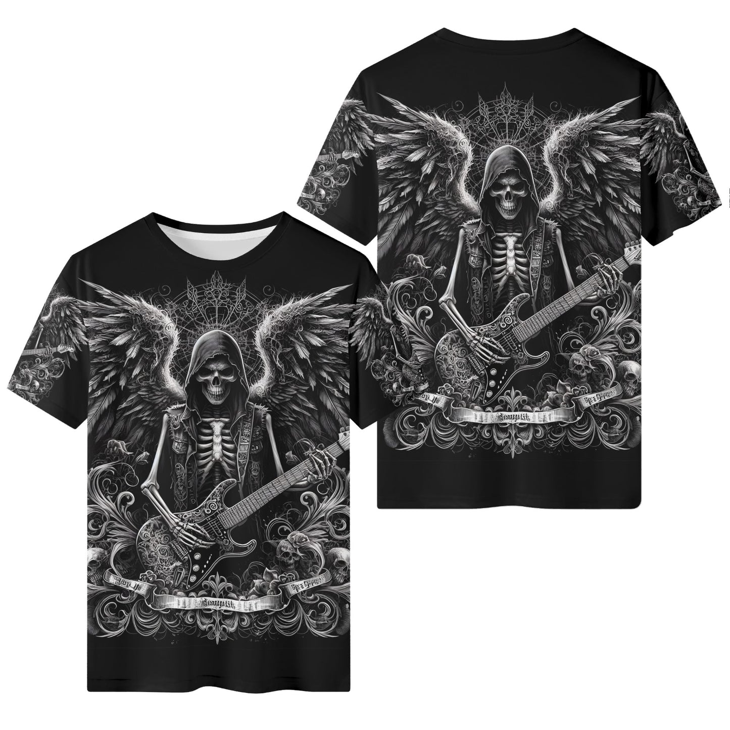 Ghoulish Guitarist 100 Cotton T-Shirt featuring a skeleton angel playing electric guitar with detailed wings design