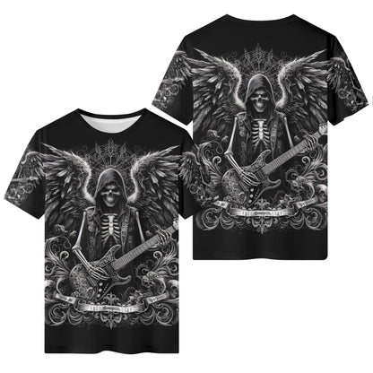 Ghoulish Guitarist 100 Cotton T-Shirt featuring a skeleton angel playing electric guitar with detailed wings design