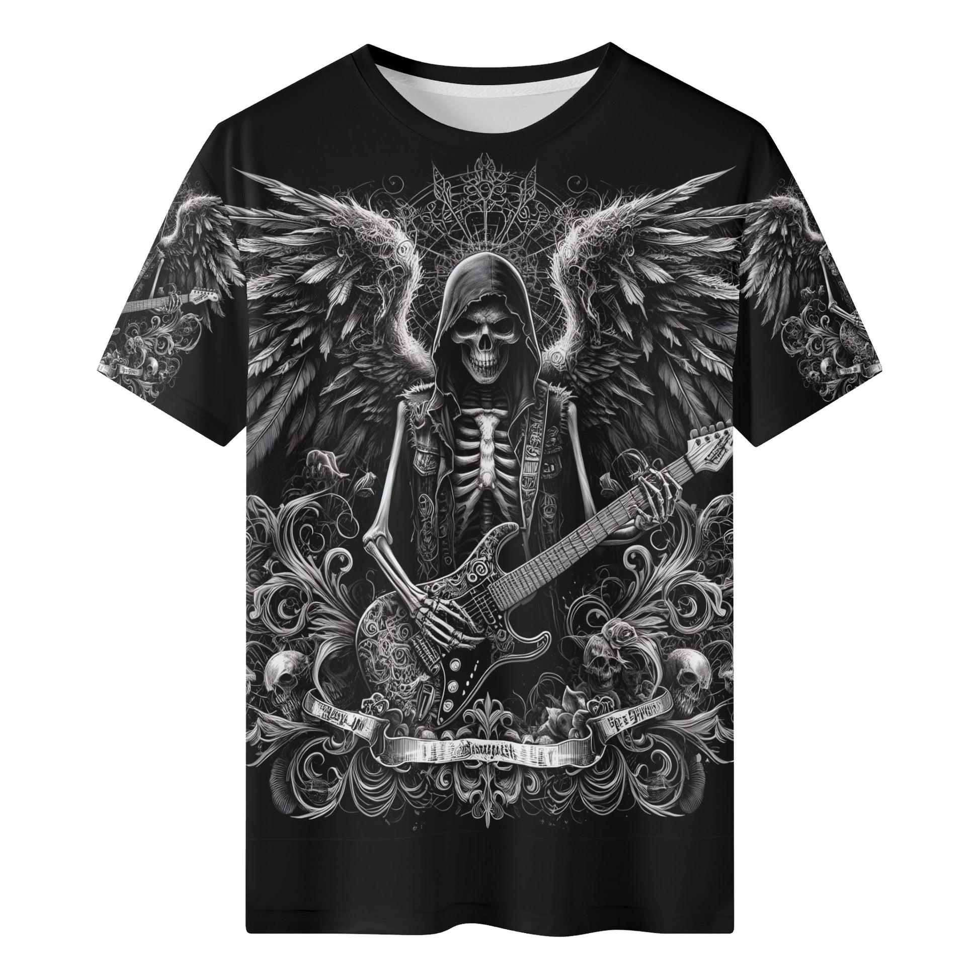 Loud and Lethal Ghoulish Guitarist 100 Cotton T-Shirt featuring skeleton guitarist with wings on black background