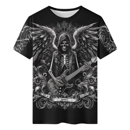 Loud and Lethal Ghoulish Guitarist 100 Cotton T-Shirt featuring skeleton guitarist with wings on black background