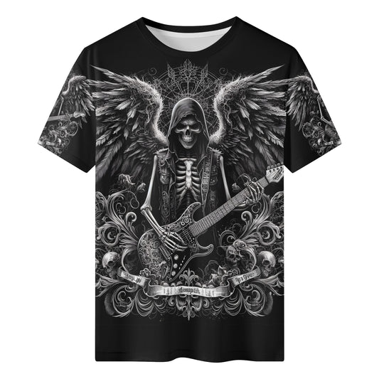 Loud and Lethal Ghoulish Guitarist 100 Cotton T-Shirt featuring skeleton guitarist with wings on black background
