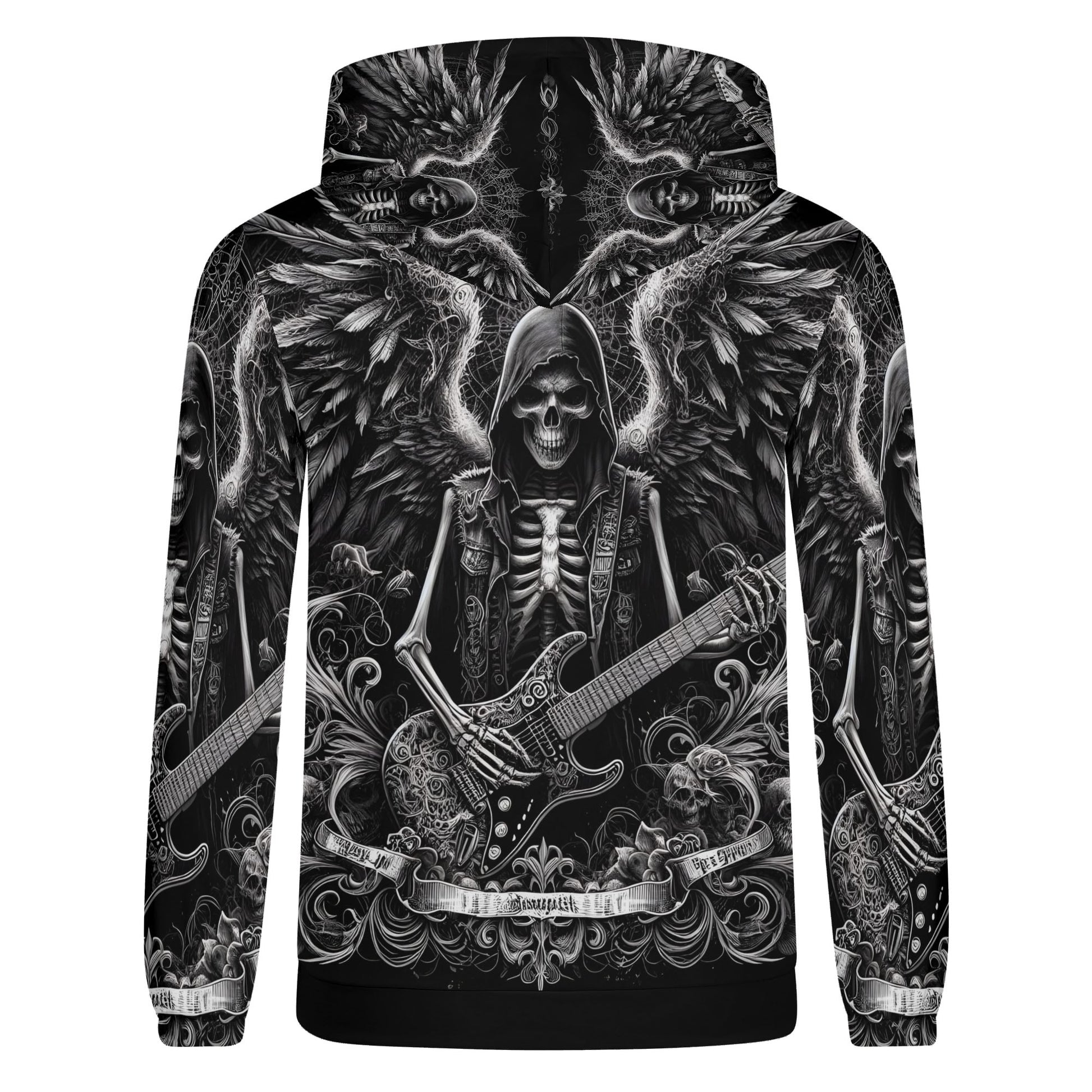 Unisex Ghoulish Guitarist Cotton Terry Hoodie by Loud and Lethal with skeleton playing guitar graphic
