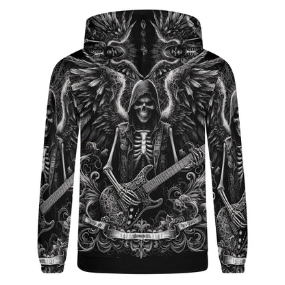 Unisex Ghoulish Guitarist Cotton Terry Hoodie by Loud and Lethal with skeleton playing guitar graphic