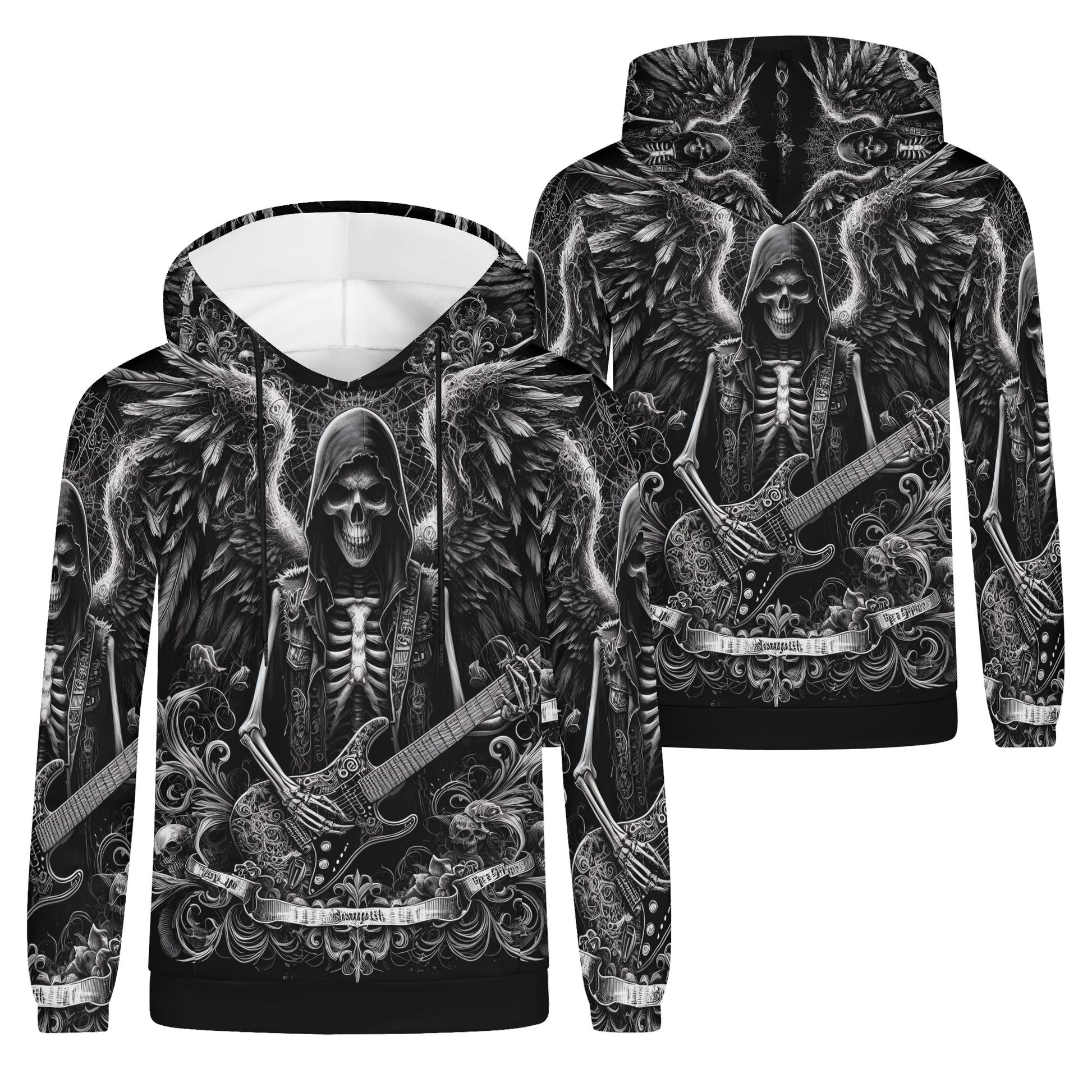 Ghoulish Guitarist Cotton Terry Hoodie by Loud and Lethal featuring skeleton playing electric guitar with detailed wings design