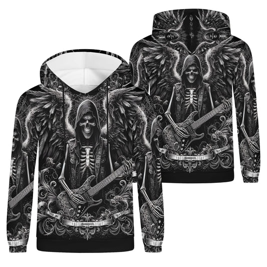 Ghoulish Guitarist Cotton Terry Hoodie by Loud and Lethal featuring skeleton playing electric guitar with detailed wings design