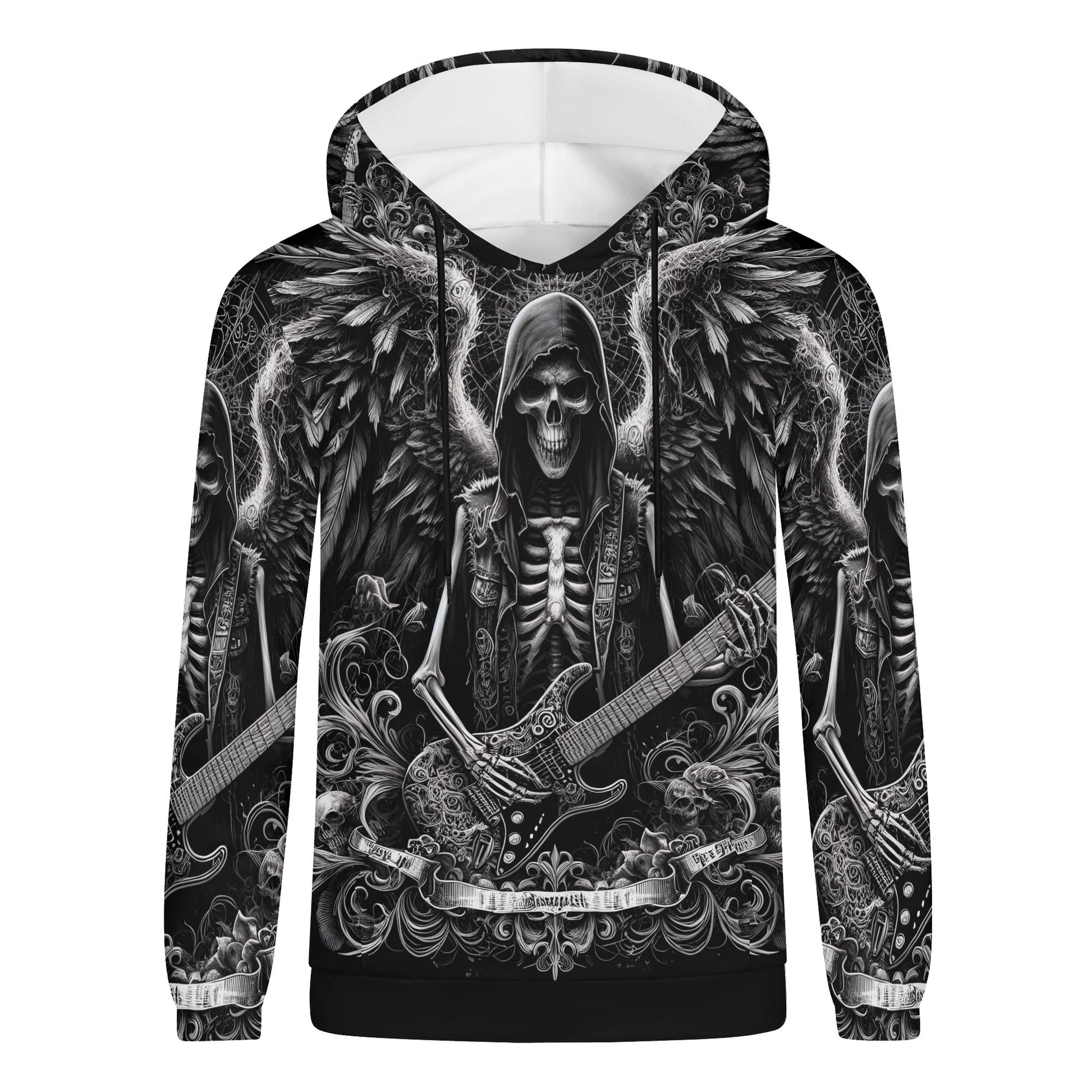Ghoulish Guitarist Cotton Terry Hoodie by Loud and Lethal with detailed skeleton guitarist and wings design