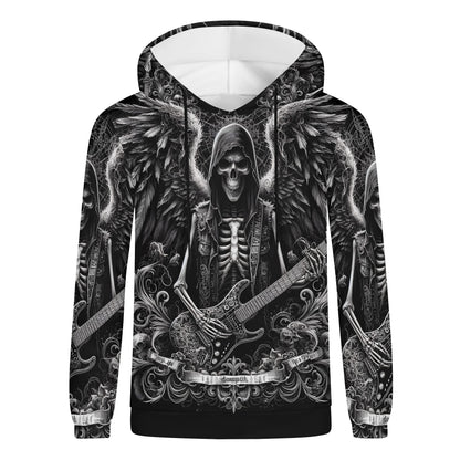 Ghoulish Guitarist Cotton Terry Hoodie by Loud and Lethal with detailed skeleton guitarist and wings design