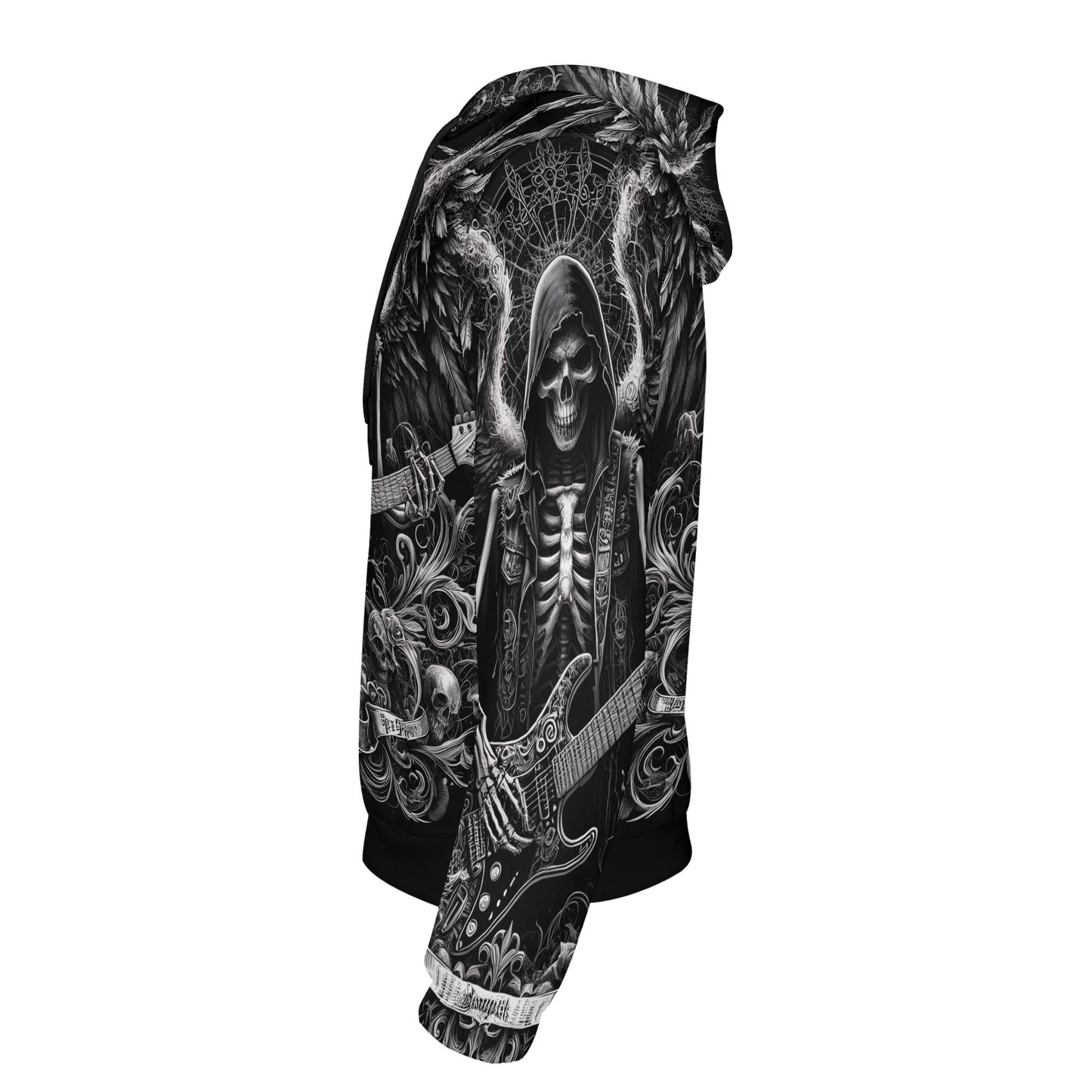 Loud and Lethal Ghoulish Guitarist Cotton Terry Hoodie with skeleton playing guitar design
