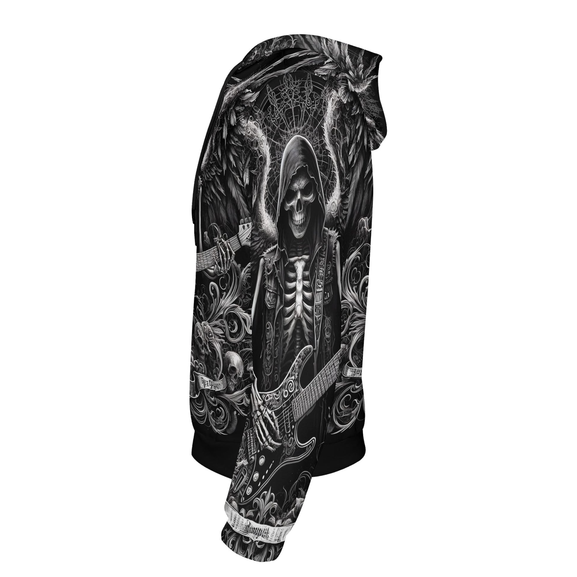 Loud and Lethal Ghoulish Guitarist Cotton Terry Hoodie with skeleton playing guitar design