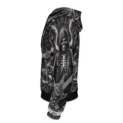 Loud and Lethal Ghoulish Guitarist Cotton Terry Hoodie with skeleton playing guitar design