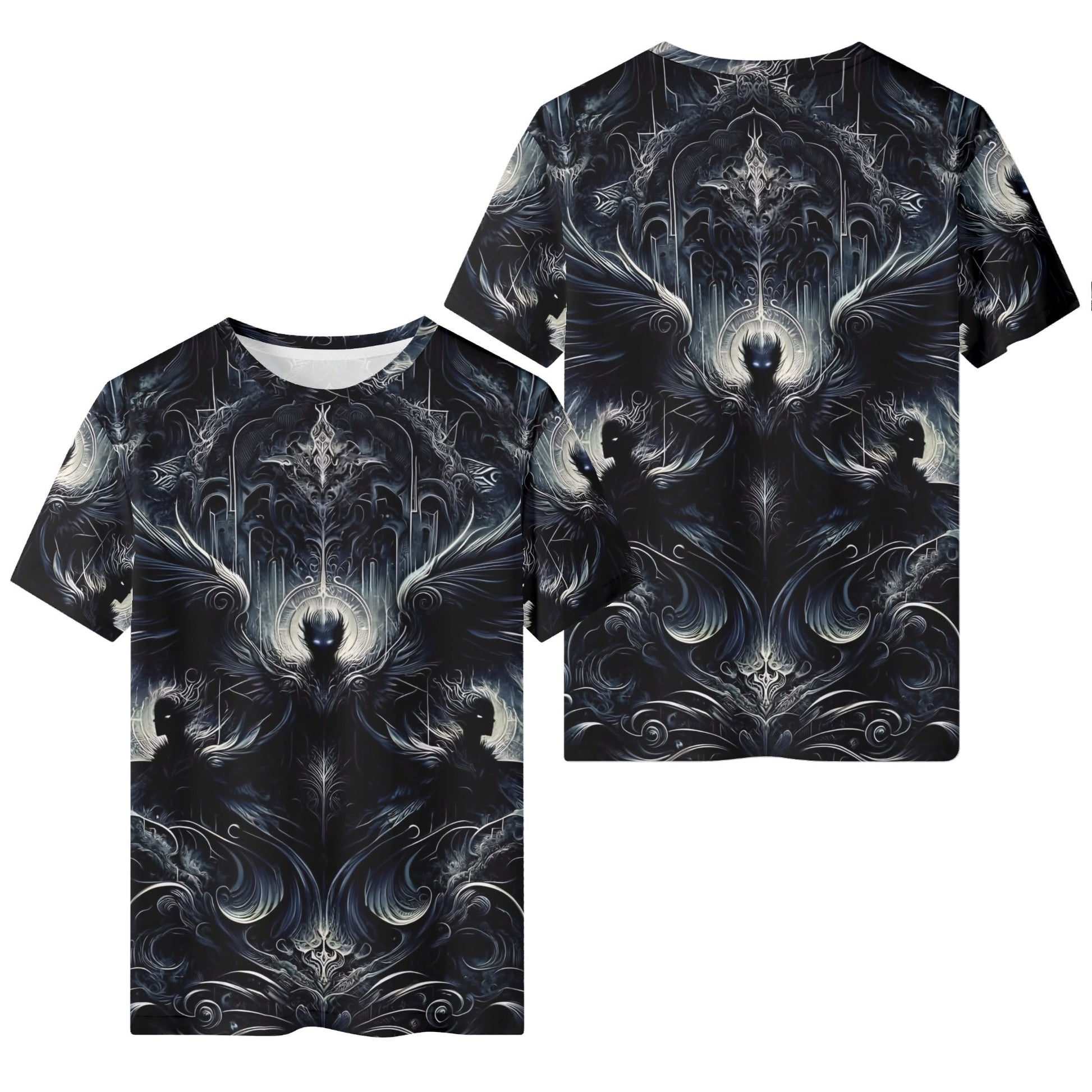 Gilded Wings of Dusk Organic Cotton T-Shirt with dark gothic winged design on front and back