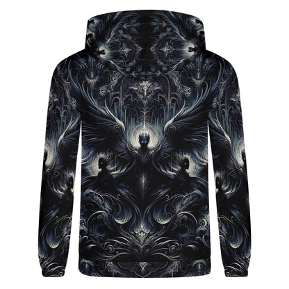 Gilded Wings of Dusk Poly French Terry Hoodie unisex black with detailed dark winged design