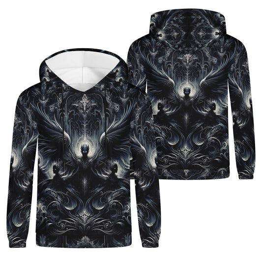 Gilded Wings of Dusk Poly French Terry Hoodie by Loud and Lethal with dark intricate winged design unisex hoodie