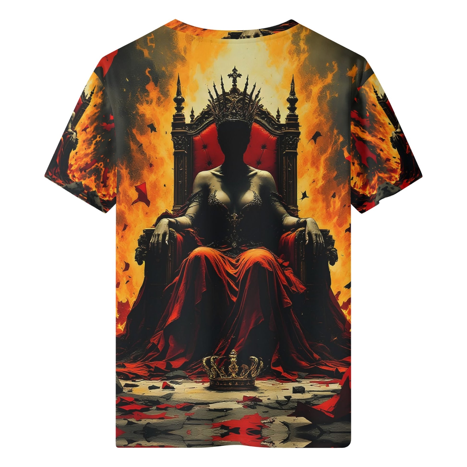 God Save The Queen 100 Cotton T-Shirt featuring a fiery throne design with a crowned silhouette