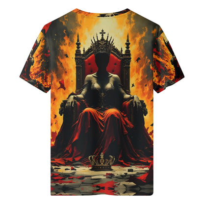 God Save The Queen 100 Cotton T-Shirt featuring a fiery throne design with a crowned silhouette