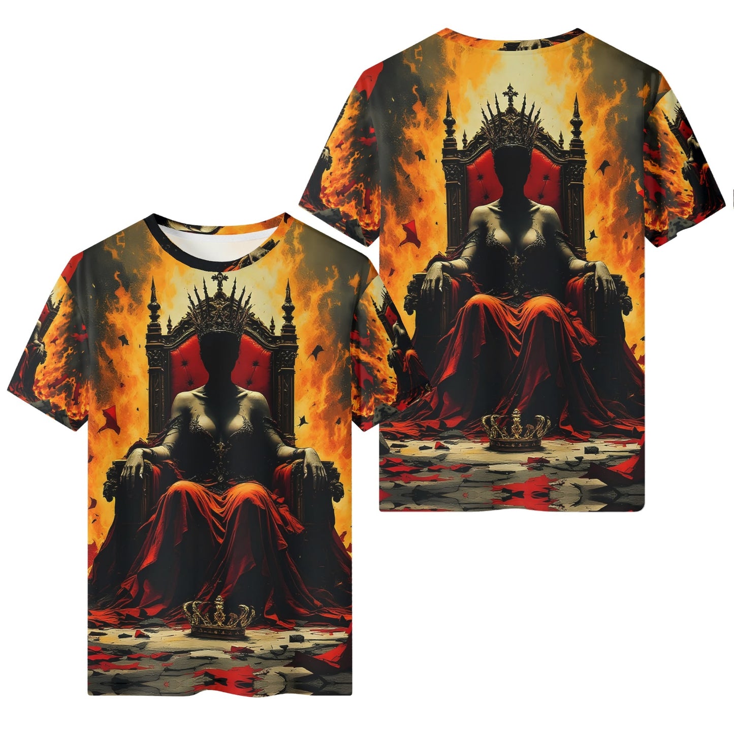 God Save The Queen 100 Cotton T-Shirt featuring a dark queen on throne with fiery background