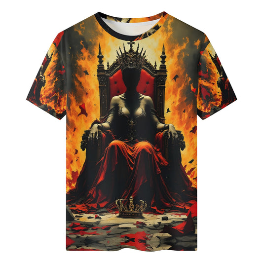 God Save The Queen 100 Cotton T-Shirt featuring dark queen on throne with fiery background