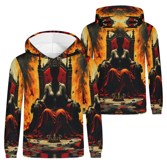 God Save The Queen Poly French Terry hoodie with dark throne and fiery background design unisex hoodie