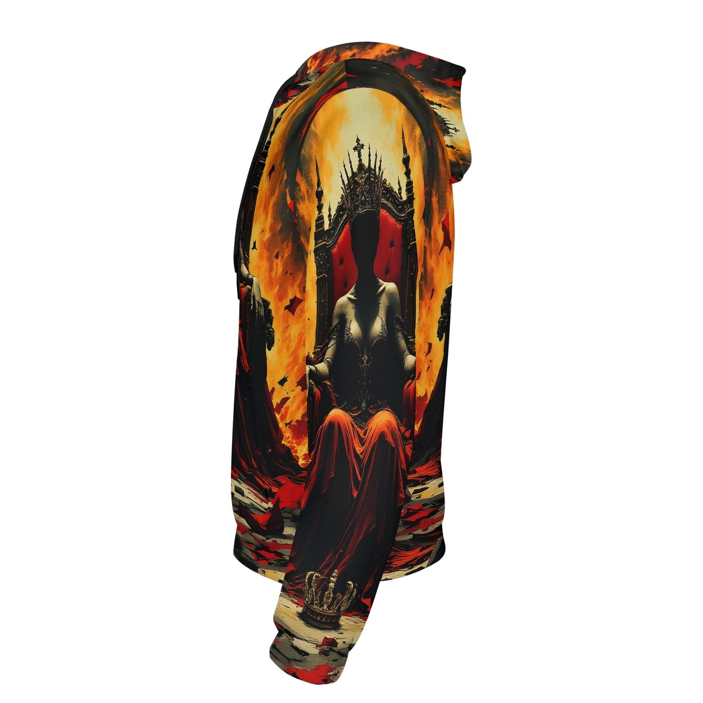 God Save The Queen Poly French Terry hoodie by Loud and Lethal featuring dark throne and fiery artwork