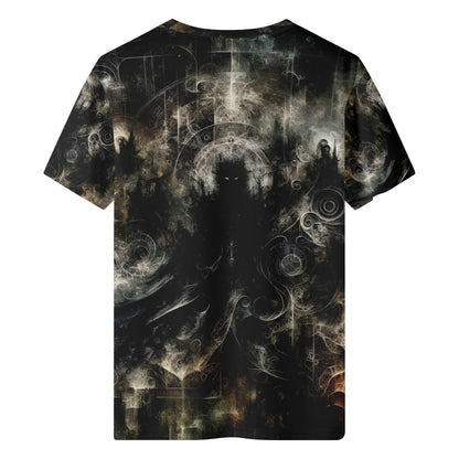 Gothic Apparition 100 Cotton T-Shirt featuring dark mysterious ghostly design on unisex black fabric