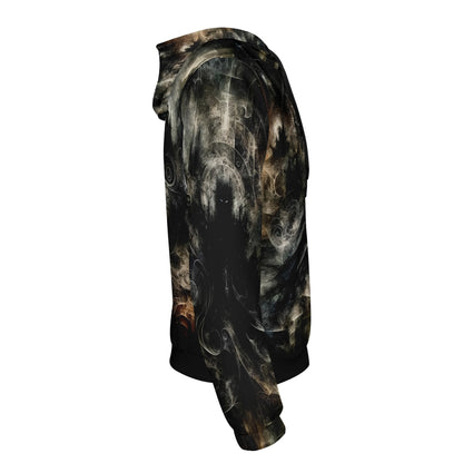 Side view of Gothic Apparition Cotton Terry Hoodie by Loud and Lethal with dark smoky design