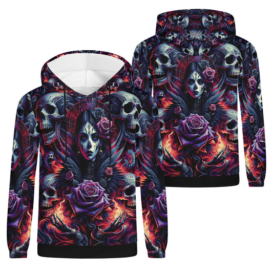 Unisex Gothic cotton terry hoodie with dark skulls and rose graphic design by Loud and Lethal