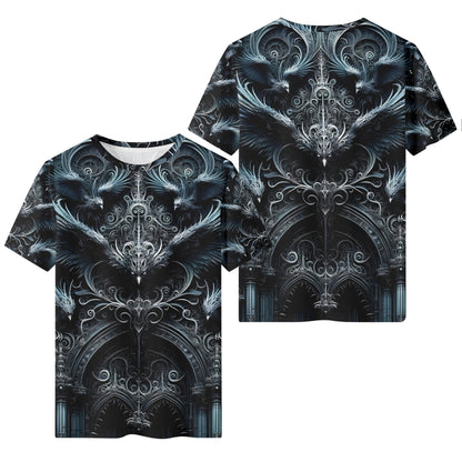 Gothic Flight 100 Cotton T-SHIRT by Loud and Lethal with dark intricate gothic design and flying birds on front and back