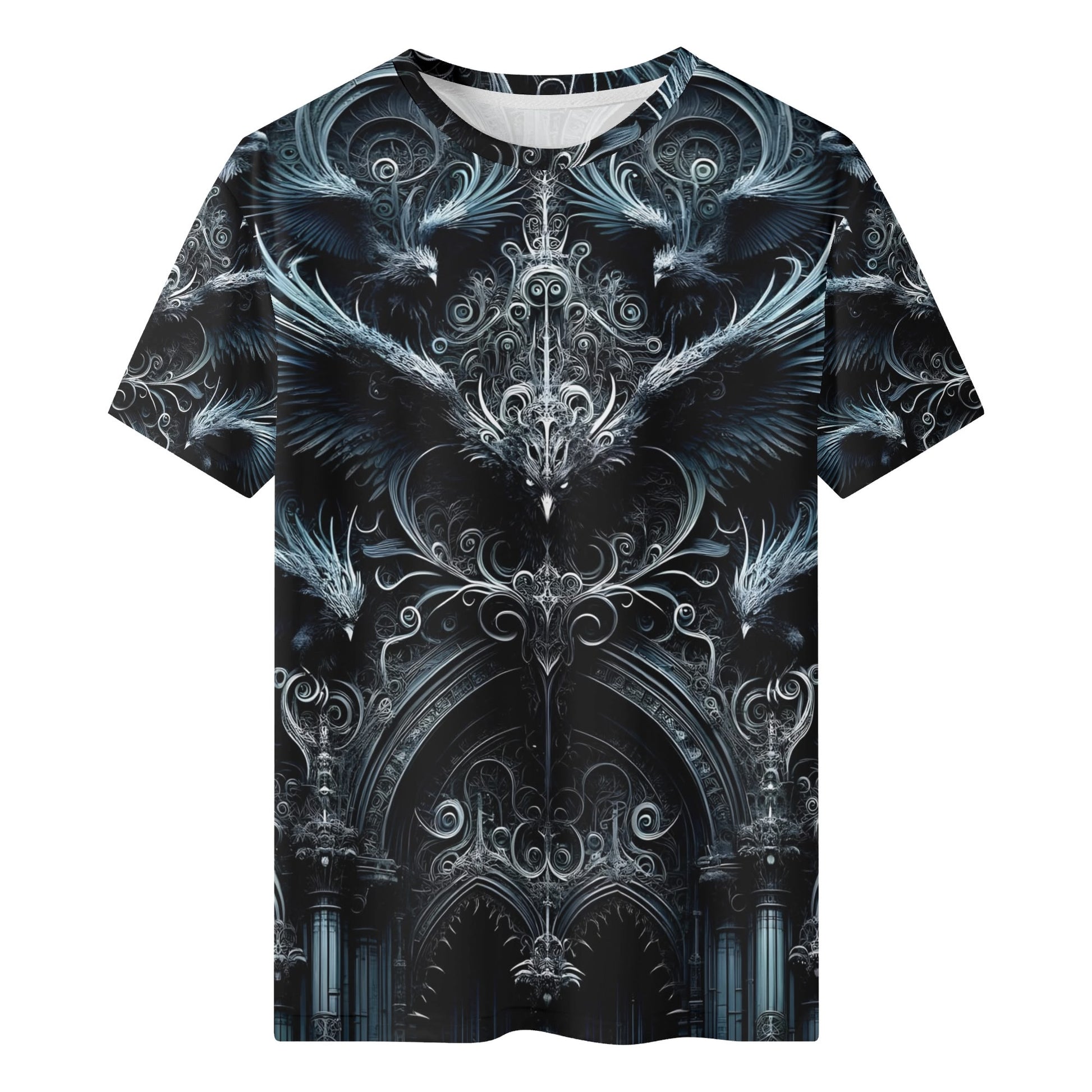 Loud and Lethal Gothic Flight 100 Cotton T-SHIRT with intricate gothic bird and arch design in dark tones
