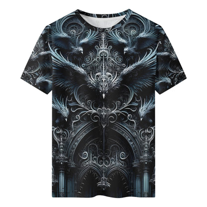 Loud and Lethal Gothic Flight 100 Cotton T-SHIRT with intricate gothic bird and arch design in dark tones