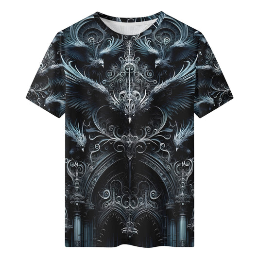 Loud and Lethal Gothic Flight 100 Cotton T-SHIRT with intricate gothic bird and arch design in dark tones