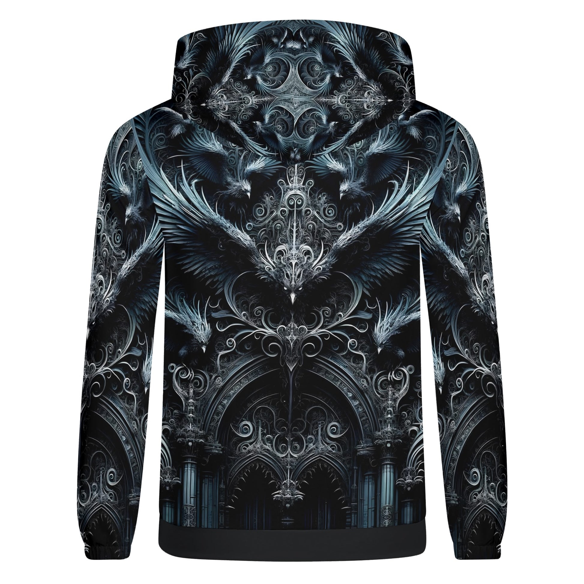 Back view of Gothic Flight Cotton Terry hoodie with intricate dark gothic wing and architectural designs