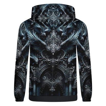 Back view of Gothic Flight Cotton Terry hoodie with intricate dark gothic wing and architectural designs