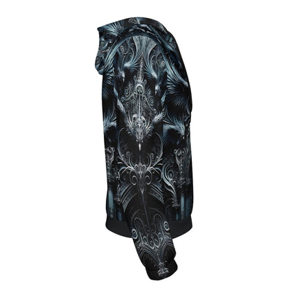 Loud and Lethal Gothic Flight Cotton Terry hoodie with intricate black and gray gothic design, unisex fit