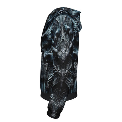 Side view of Loud and Lethal Gothic Flight Cotton Terry hoodie with dark intricate gothic design