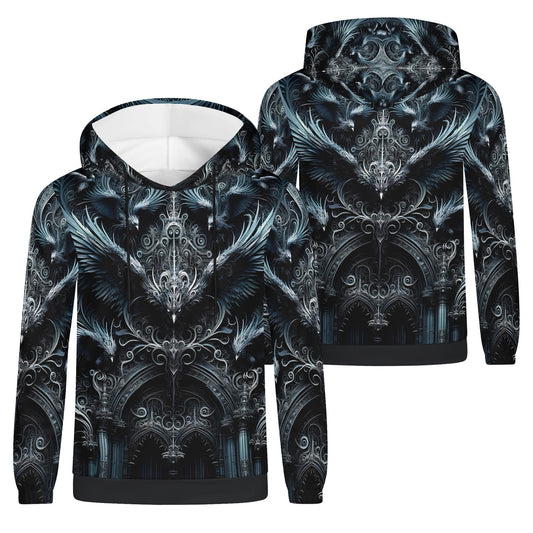 Loud and Lethal Gothic Flight Cotton Terry hoodie with intricate gothic wing and architectural design unisex hoodie