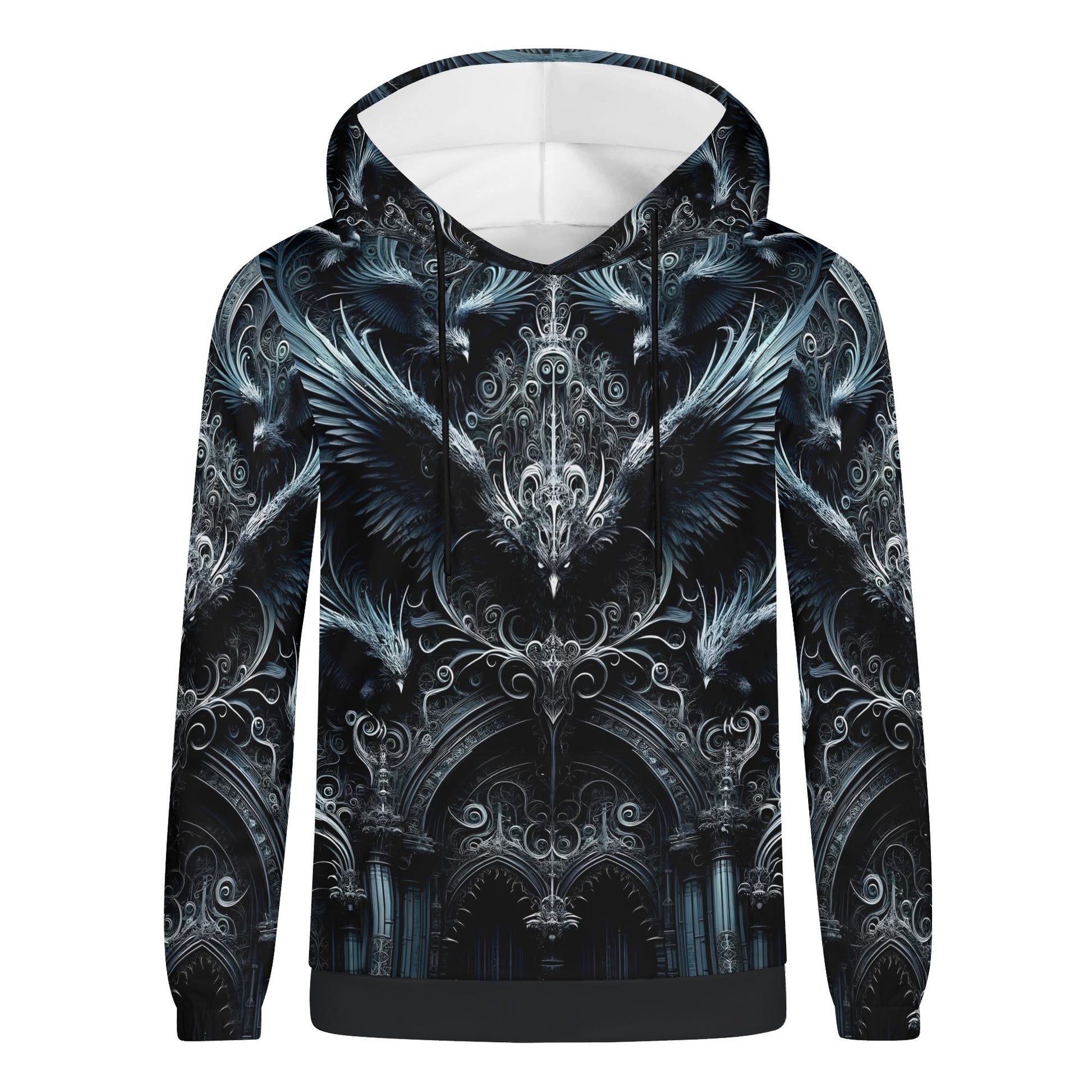 Unisex Gothic Flight Cotton Terry hoodie with intricate dark gothic design and detailed wing patterns