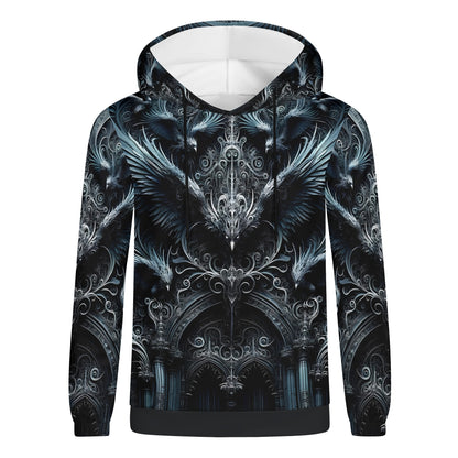 Unisex Gothic Flight Cotton Terry hoodie with intricate dark gothic design and detailed wing patterns