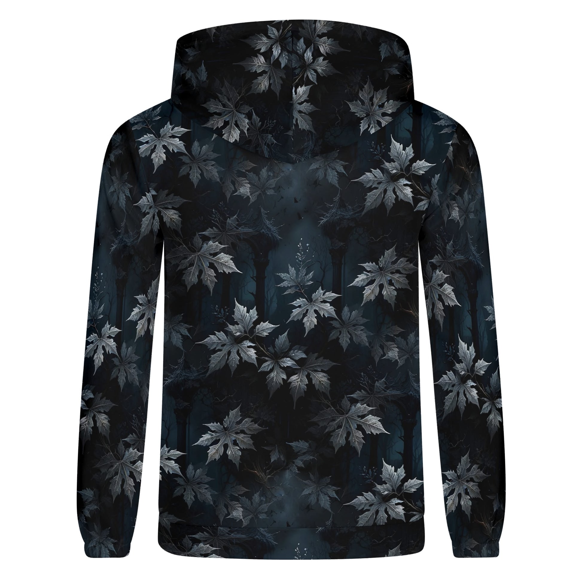 Back view of Gothic Overgrowth Cotton Terry Hoodie hoodie with dark floral leaf pattern by Loud and Lethal