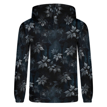 Back view of Gothic Overgrowth Cotton Terry Hoodie hoodie with dark floral leaf pattern by Loud and Lethal