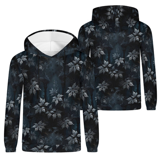 Unisex Gothic Overgrowth Cotton Terry Hoodie with dark leafy pattern by Loud and Lethal