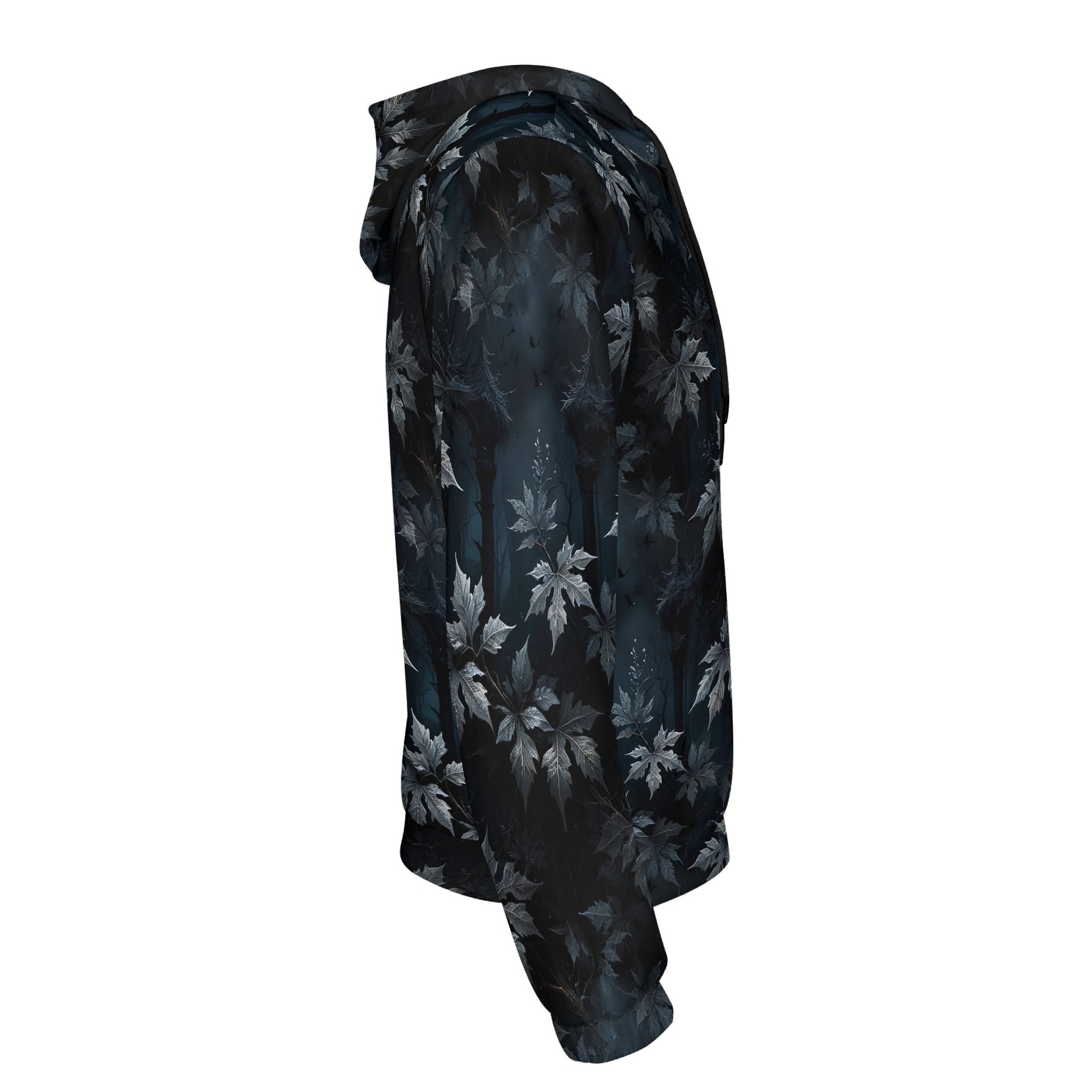 Loud and Lethal Gothic Overgrowth Cotton Terry Hoodie hoodie in black with dark leaf pattern side view