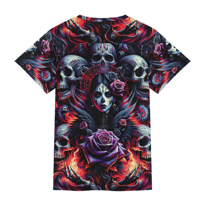 Gothic Symphony Lycra T-Shirt featuring dark skulls, roses, and gothic female design in vibrant colors