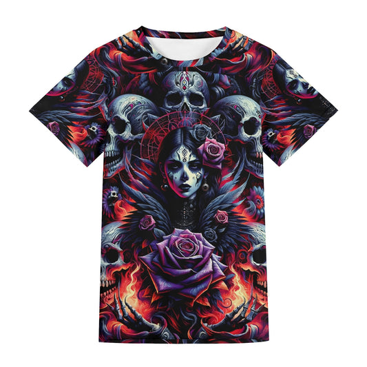 Loud and Lethal Gothic Symphony Lycra T-Shirt featuring dark gothic skulls and a purple rose design