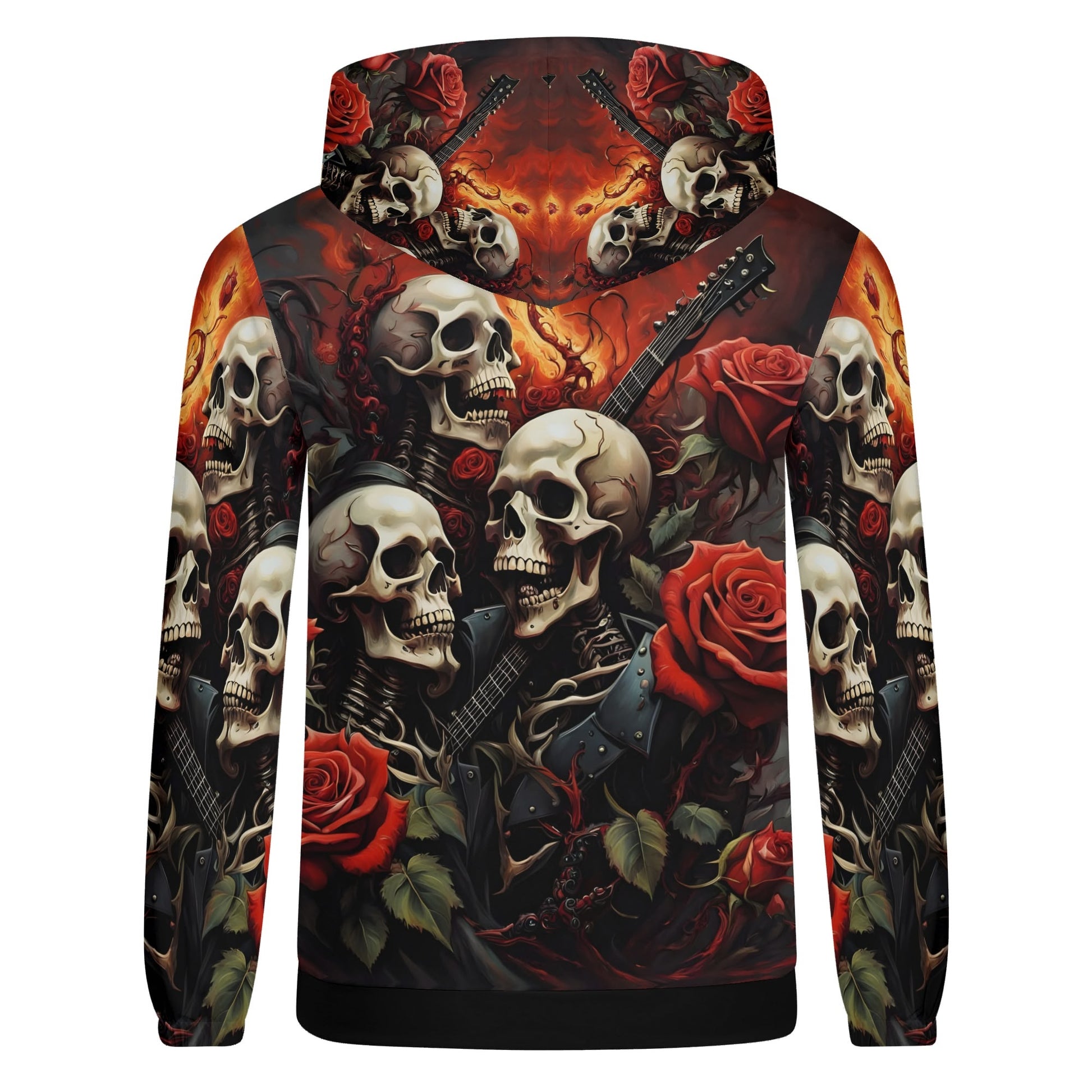 A Gothic Symphony Poly French Terry Hoodie with skulls, roses, and guitars in dark vibrant colors