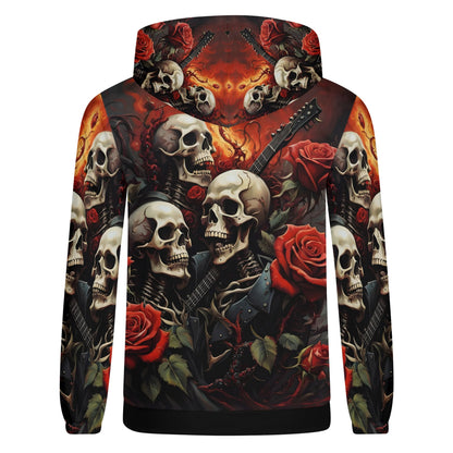A Gothic Symphony Poly French Terry Hoodie with skulls, roses, and guitars in dark vibrant colors