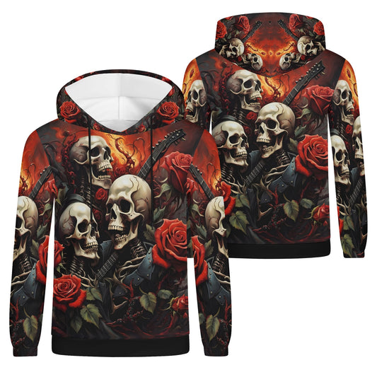 A Gothic Symphony Poly French Terry Hoodie featuring skulls, guitars, and red roses in a dark gothic design