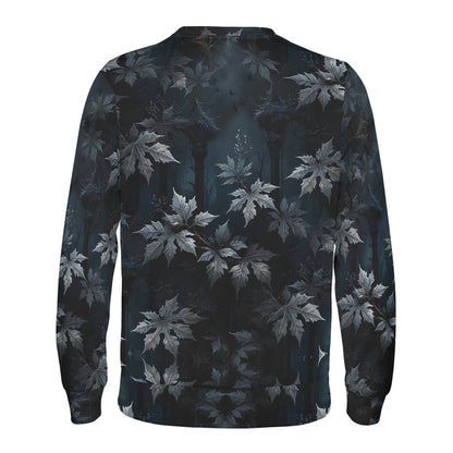 Loud and Lethal unisex sweater back view featuring Gothic Overgrowth Poly French Terry Sweatshirt dark leaf print
