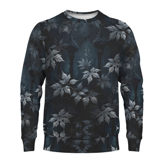 Gothic Overgrowth Poly French Terry Sweatshirt dark unisex crewneck sweater with gray leaf overgrowth pattern