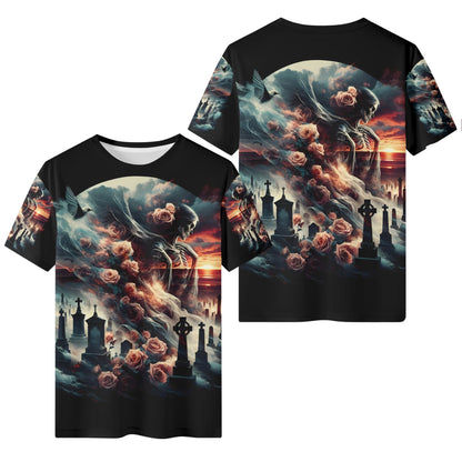 Loud and Lethal Graveyard Requiem 100 Cotton T-Shirt with skeleton and rose graveyard design